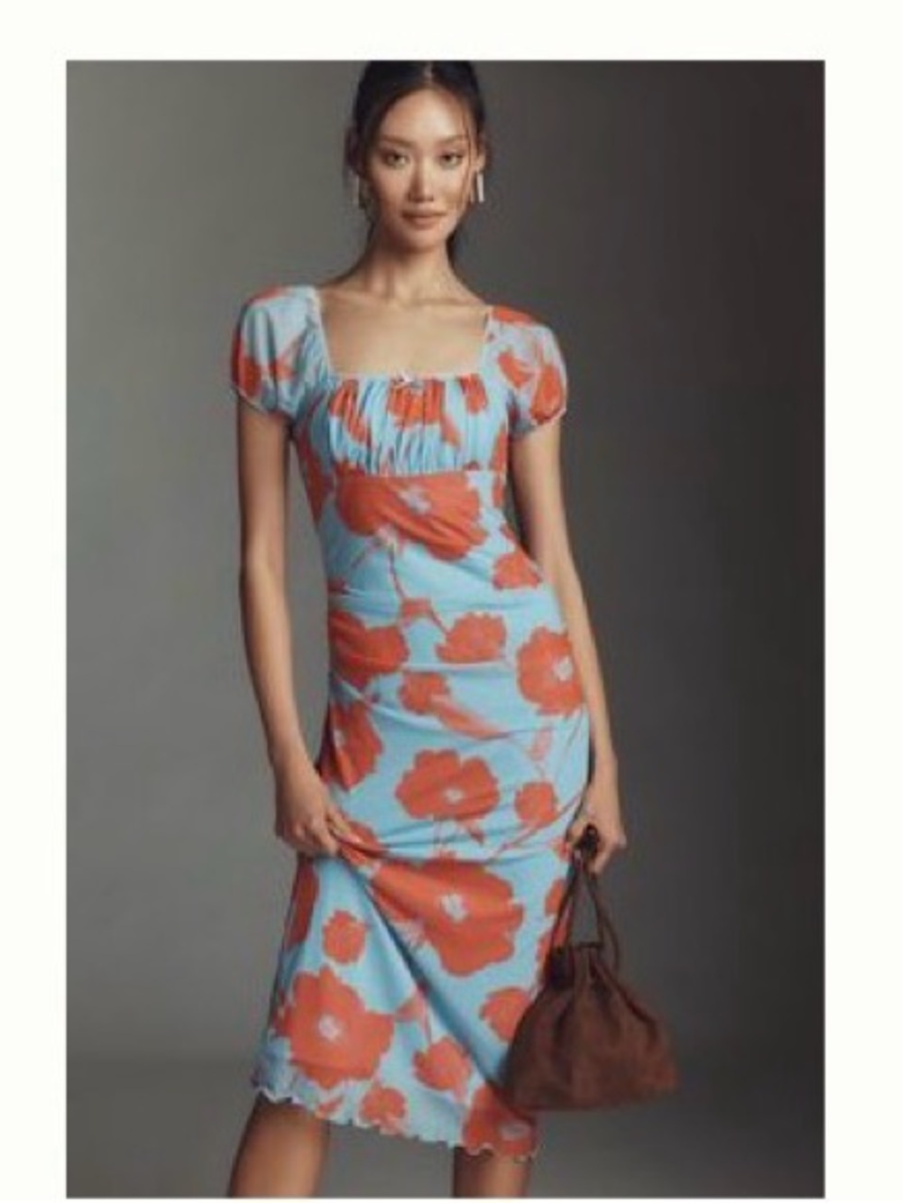 Anthropologie Maeve puff sleeve square neck mesh midi dress 1X light blue/orange